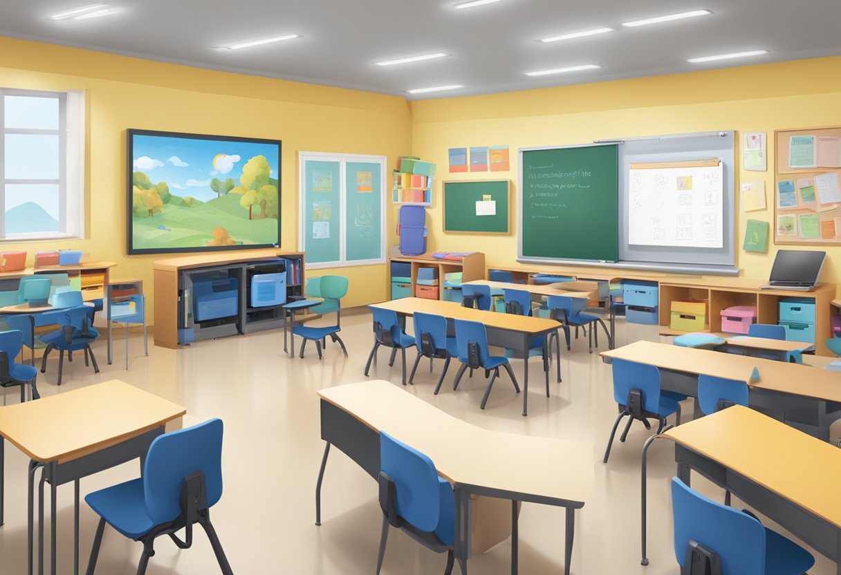 A classroom with diverse seating options, visual aids, and digital resources for a variety of learning styles. Multiple pathways for accessing and expressing knowledge are evident in the environment