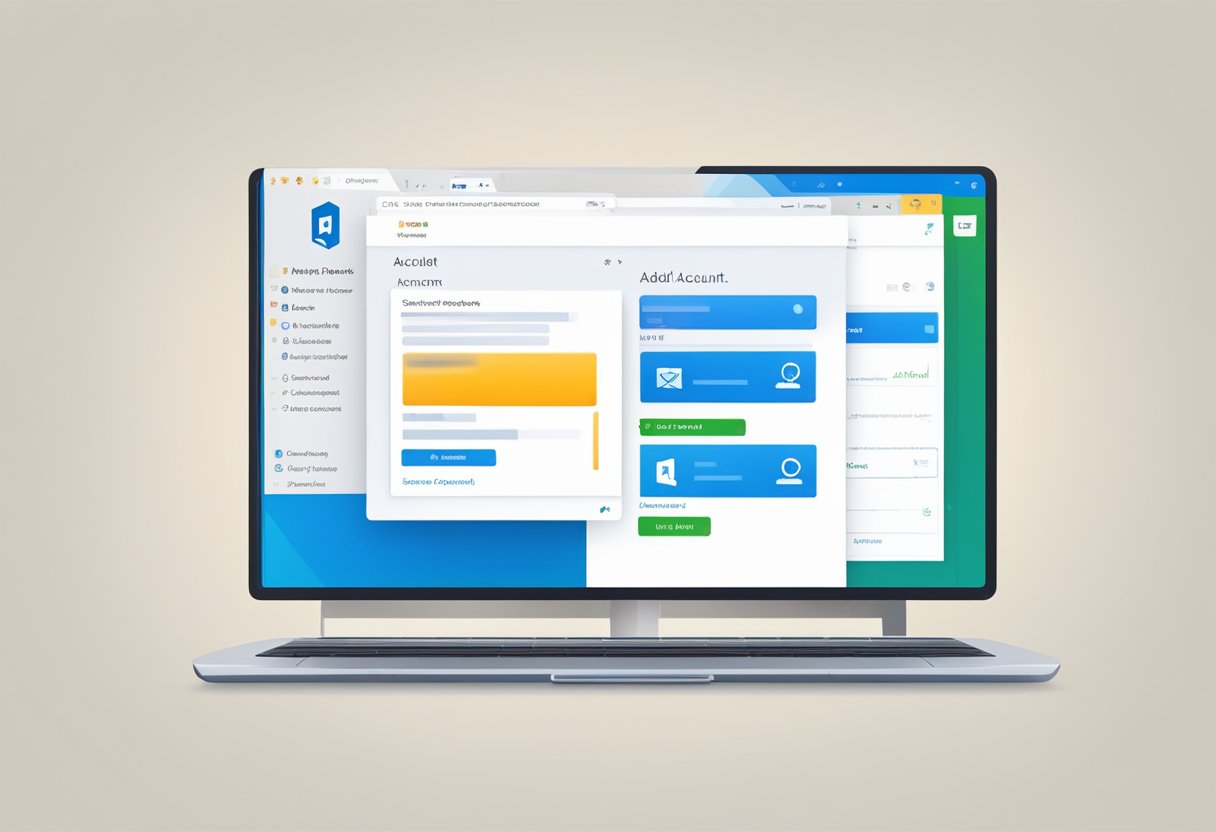 A computer screen displaying the Outlook interface with a cursor clicking on the "Add Account" button. Another email address and password are being entered into the designated fields