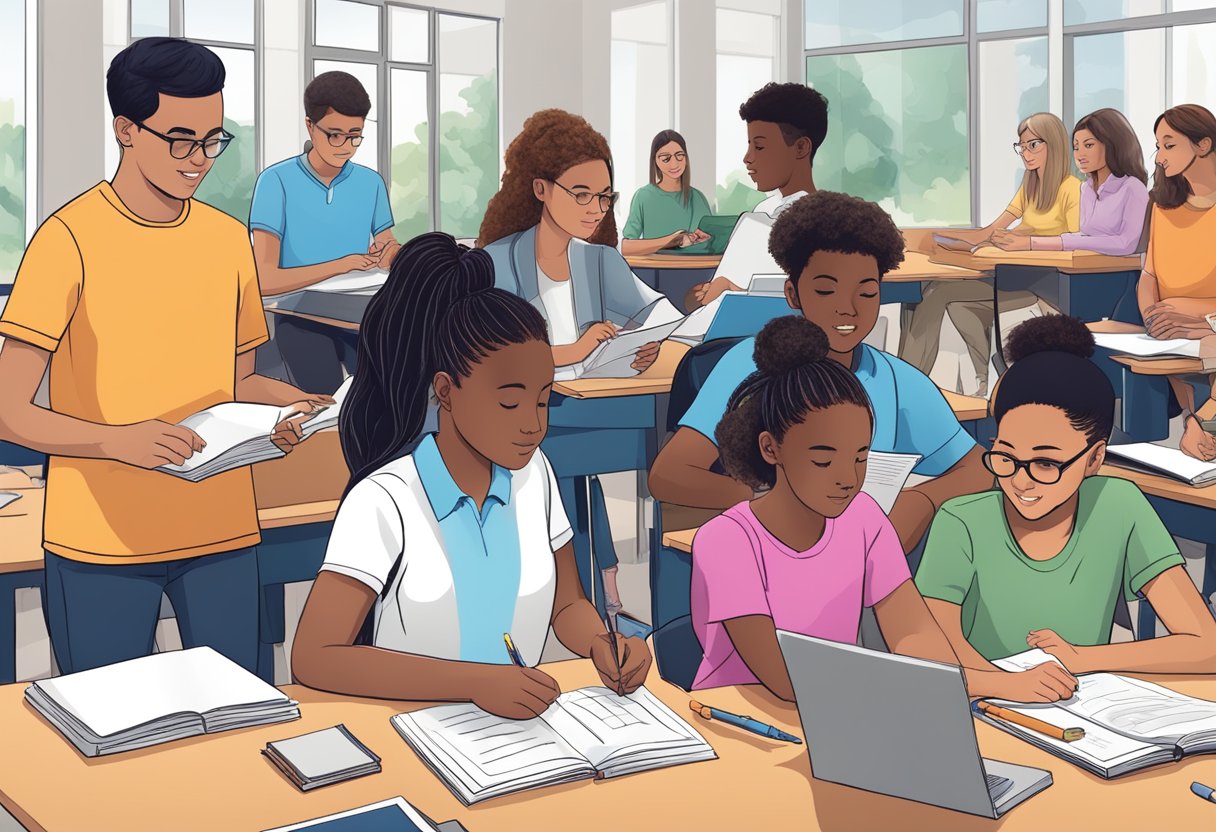 A diverse group of students engage in various activities, utilizing different tools and resources to access and participate in the lesson