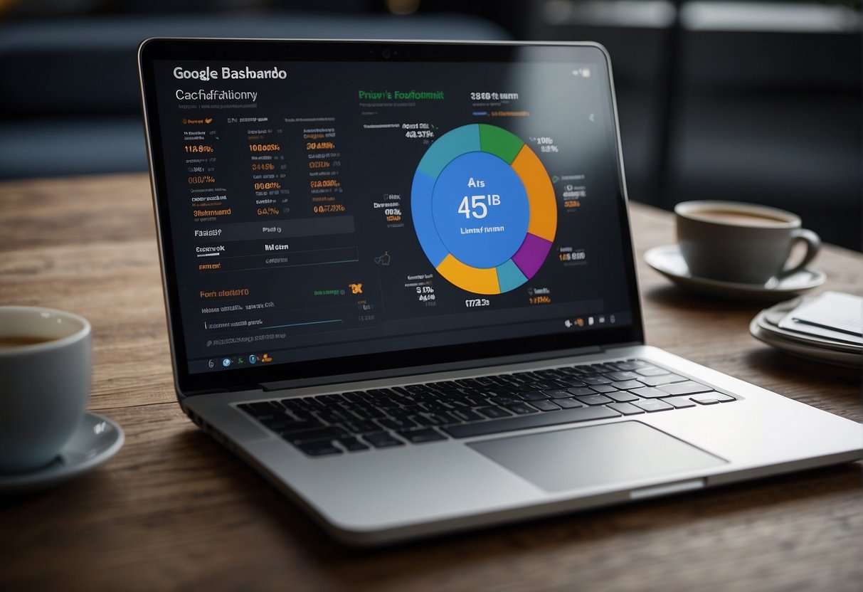 A laptop displaying Google Ads dashboard with pricing breakdown. A graph showing cost-per-click and budget allocation