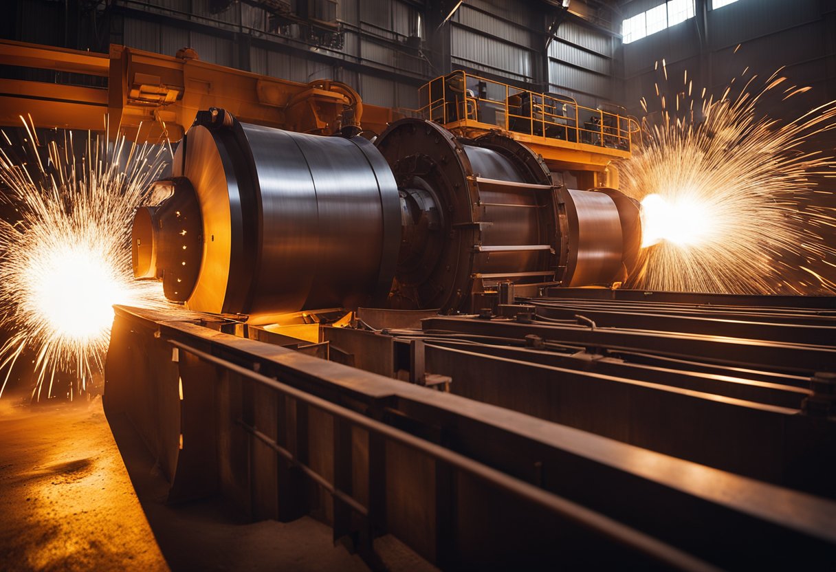 Molten metal pours into a large, industrial ball mill, surrounded by heavy machinery and conveyor belts. Sparks fly as the mill grinds and mixes the metal into a fine powder