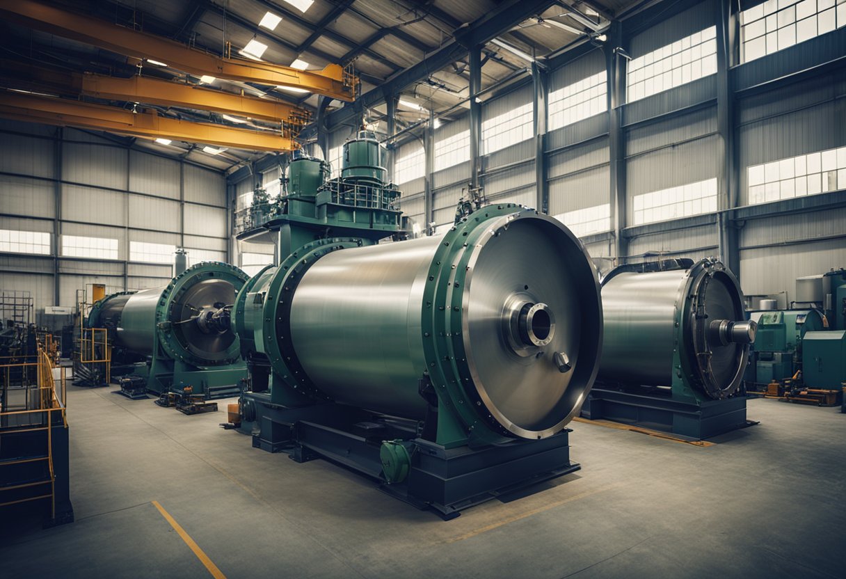 A group of workers assembling and testing large industrial ball mills in a manufacturing facility