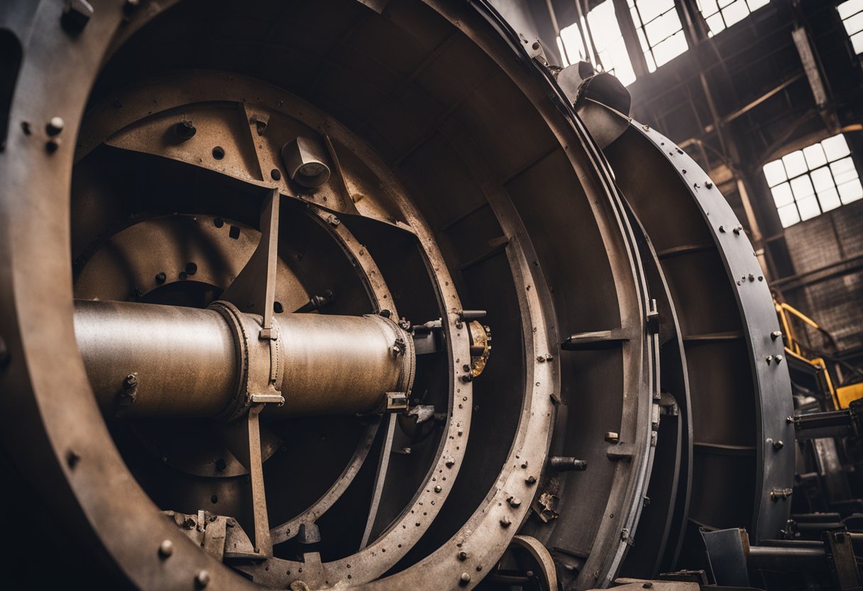 A ball mill with a worn-out liner, showing signs of abrasion and impact, surrounded by discarded liner materials and tools