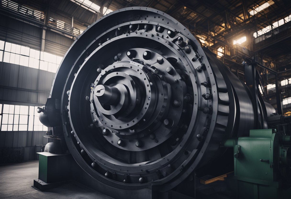 The ball mill lining is made of durable rubber, with a pattern of raised ridges and grooves for efficient grinding. The interior of the mill is filled with steel balls, creating a dynamic and industrial atmosphere