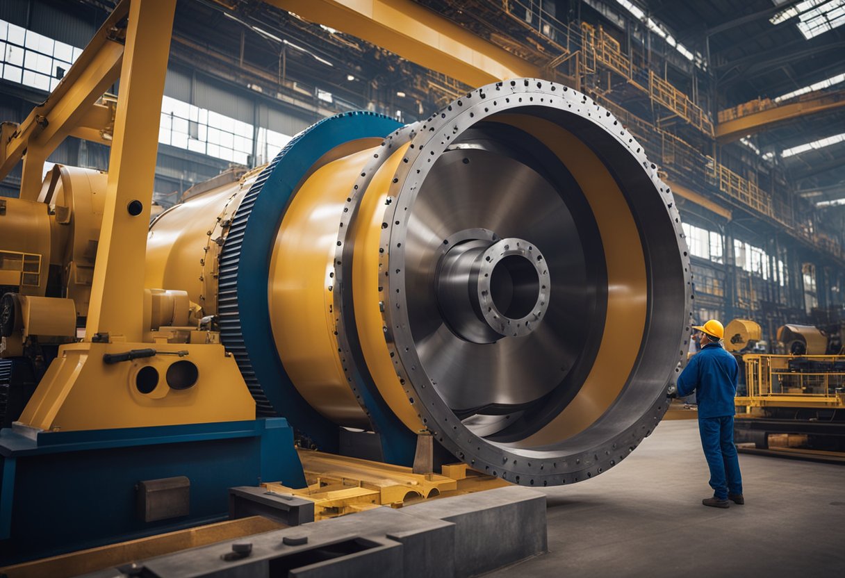 A ball mill liner plate is being installed in a large industrial machine, surrounded by heavy machinery and tools