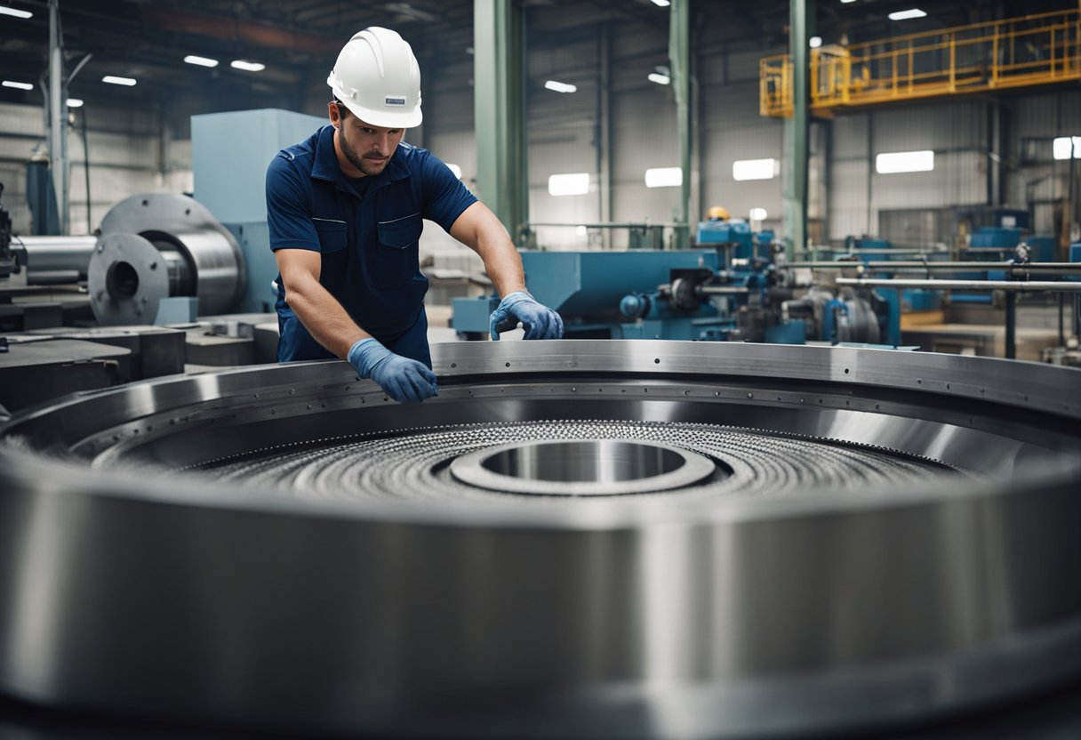 A ball mill liner plate being carefully installed by a worker in a factory setting