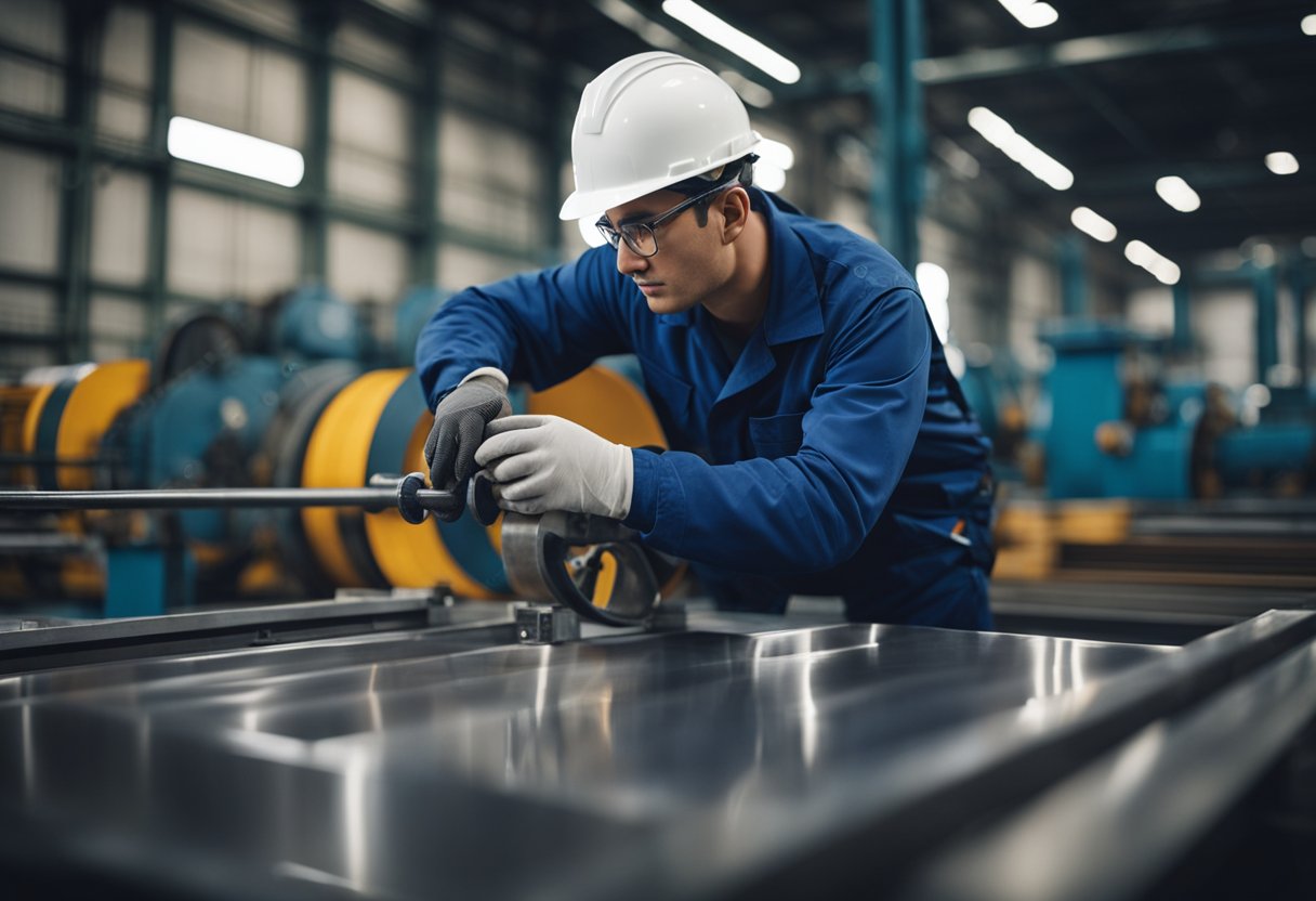 A factory worker installs a new ball mill liner plate