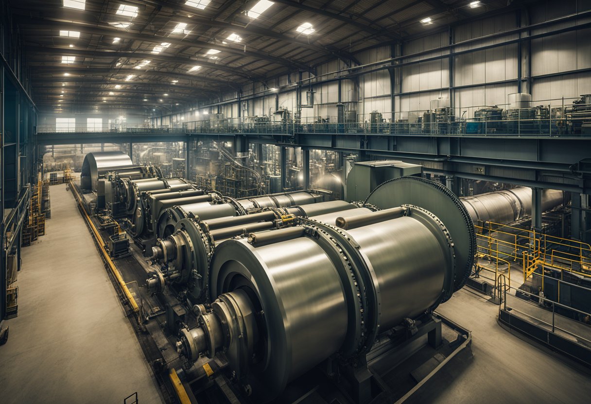 The ball mill factory hums with activity as giant machines churn and grind raw materials into fine powder. Conveyor belts and pipes crisscross the space, while workers oversee the process from control panels