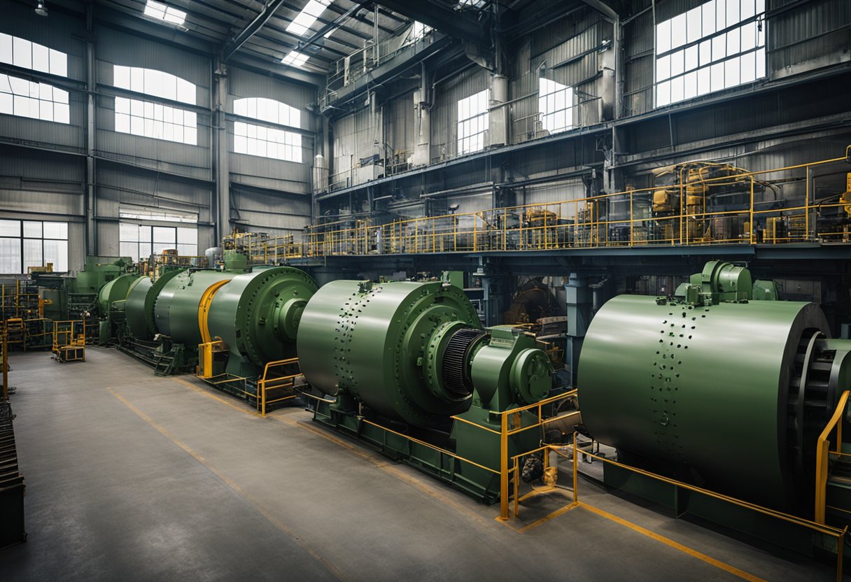 The interior of a liner ball mill factory, with rows of large cylindrical mills and conveyor belts, surrounded by industrial machinery and equipment