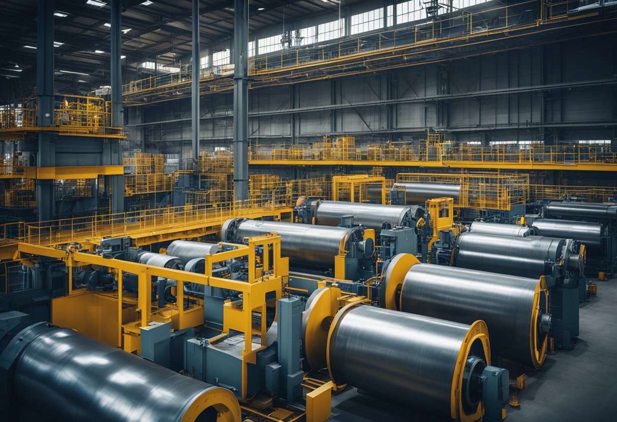 A large industrial facility with conveyor belts, heavy machinery, and workers assembling and testing large liner ball mills