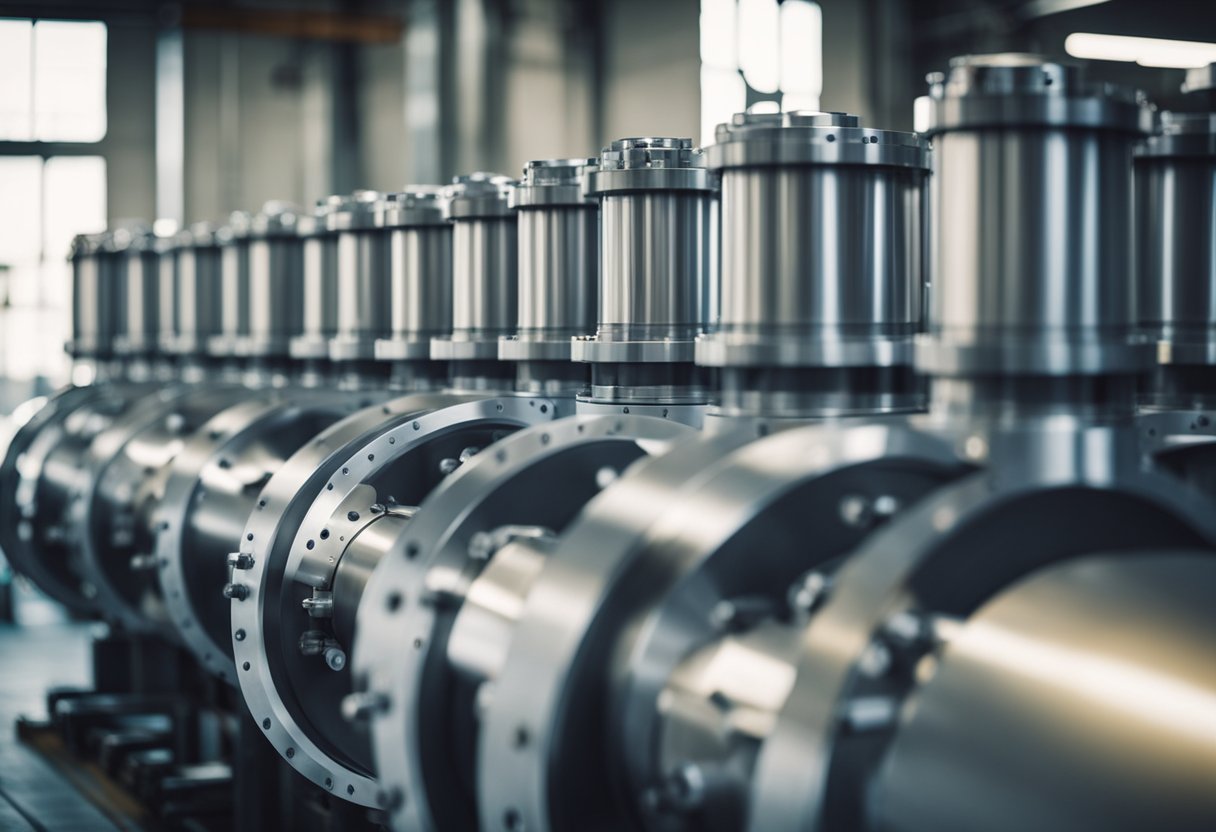 A row of cylindrical ball mills with protective liners, manufactured by a reputable company, arranged in a manufacturing facility