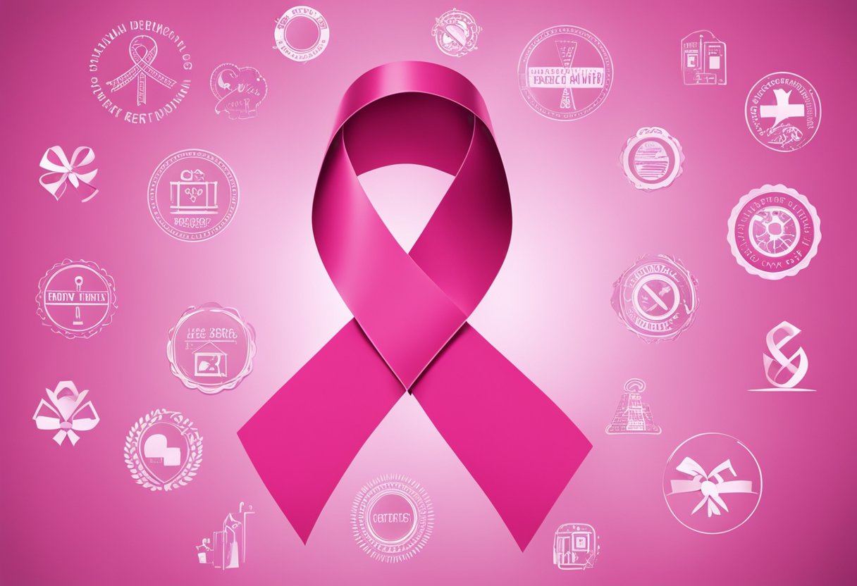 A pink ribbon symbolizing breast cancer awareness, surrounded by supportive messages and medical symbols
