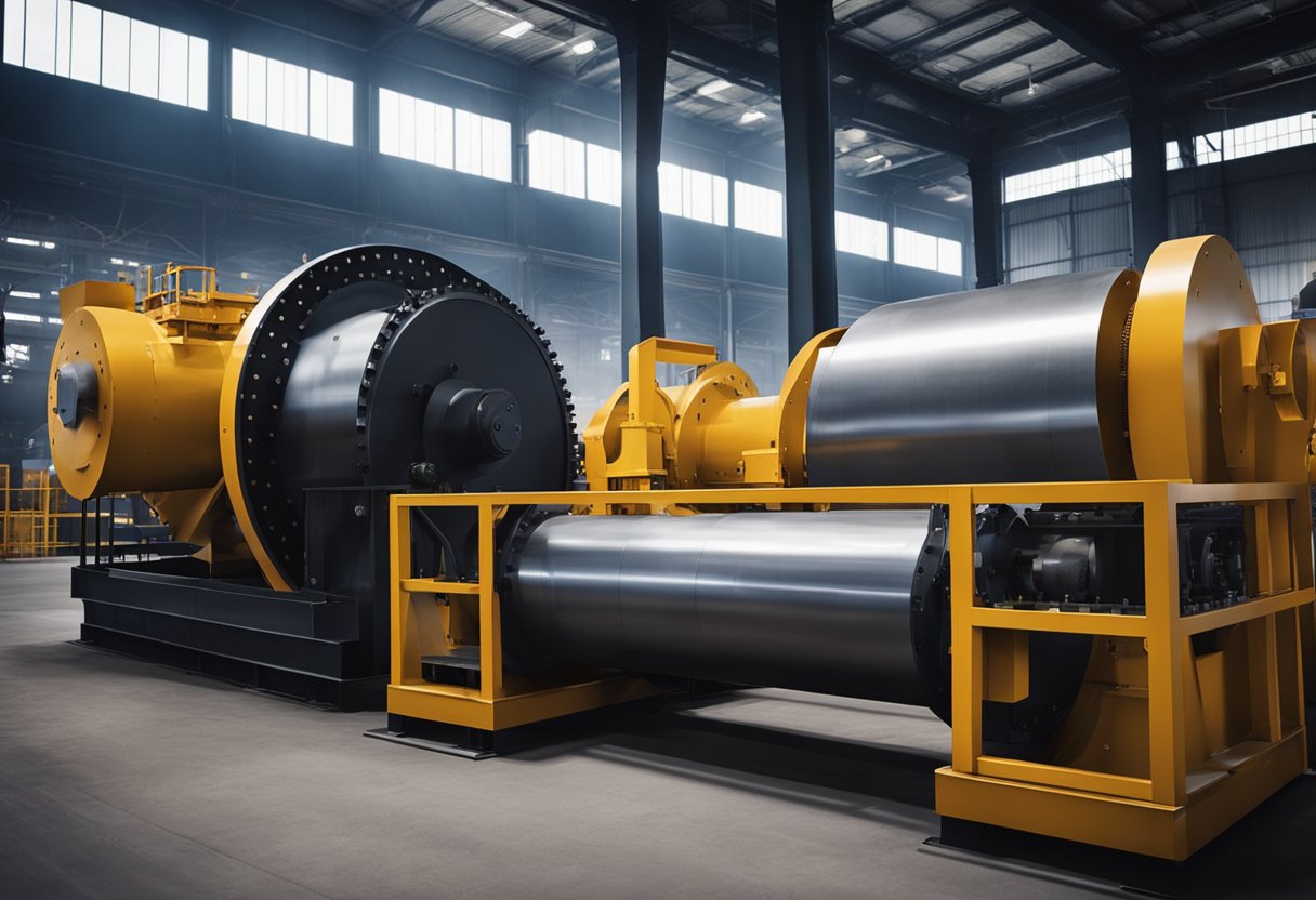 A ball mill rotates, grinding raw materials into a fine powder. Conveyor belts transport materials to and from the mill. Sparks fly as metal liners protect the inner walls