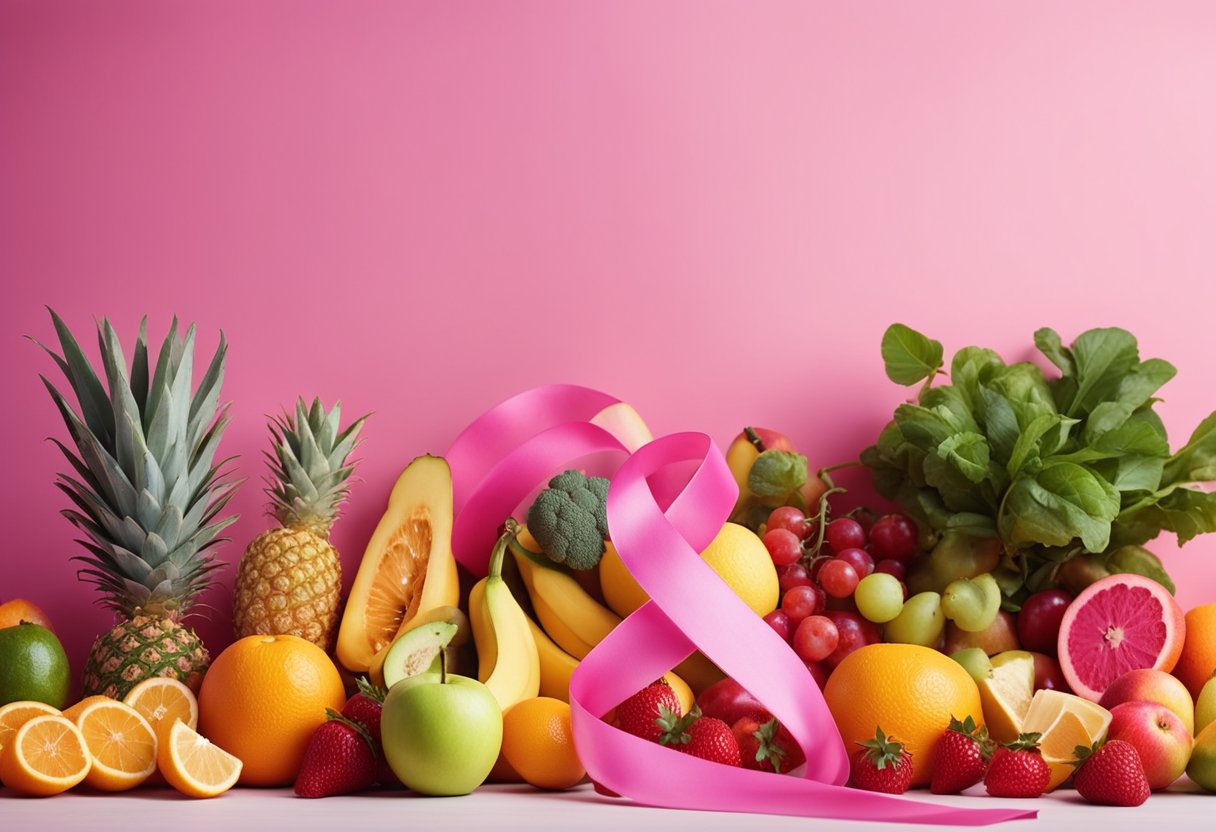 A pink ribbon symbol surrounded by healthy lifestyle elements like fruits, vegetables, exercise equipment, and sunscreen