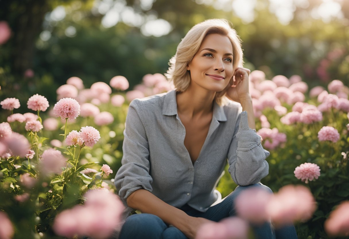 A woman sits in a peaceful garden, surrounded by blooming flowers and a serene atmosphere, symbolizing hope and resilience in the face of breast cancer