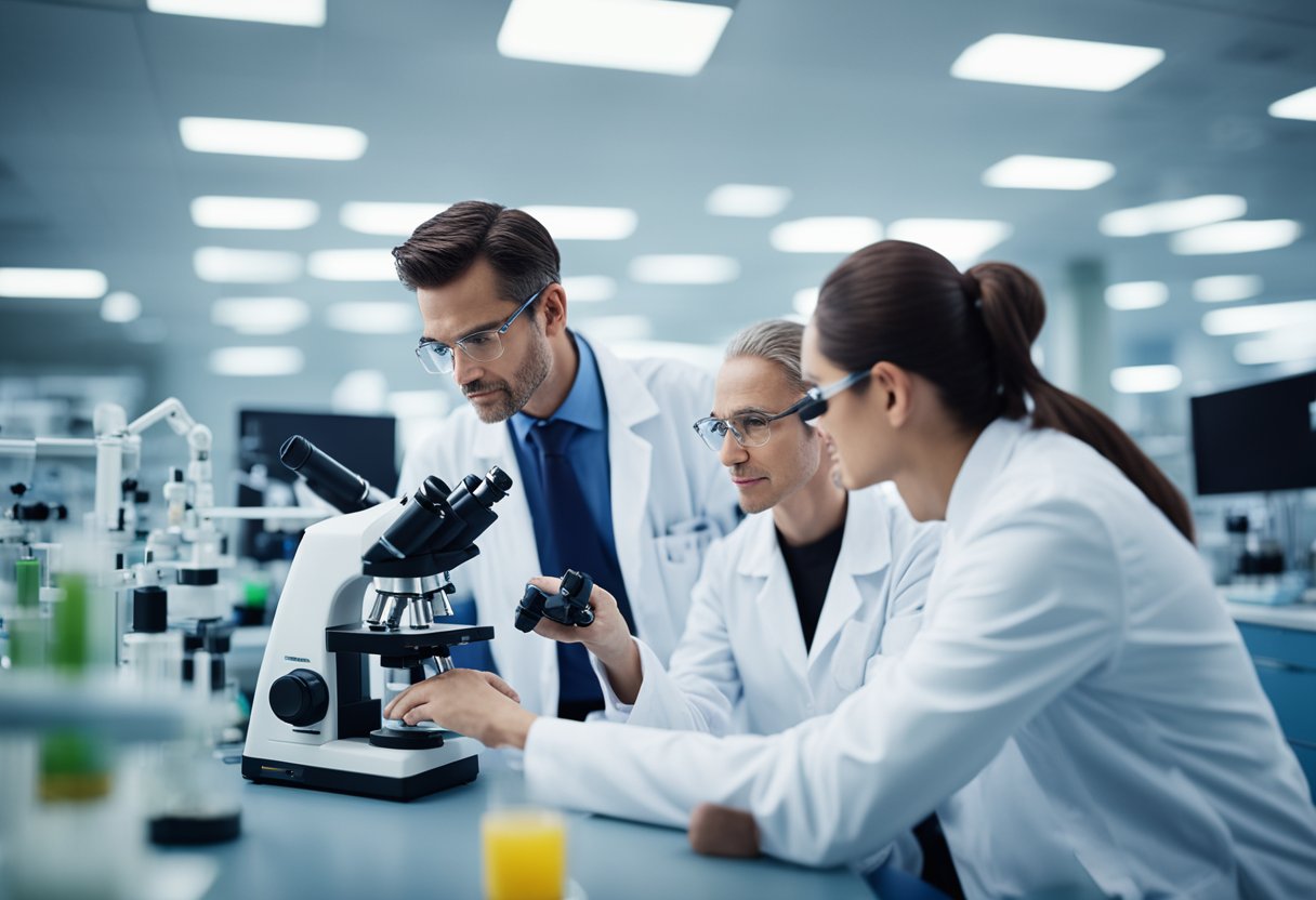 Scientists in a lab, surrounded by microscopes and test tubes, analyzing data and discussing breakthroughs in breast cancer research