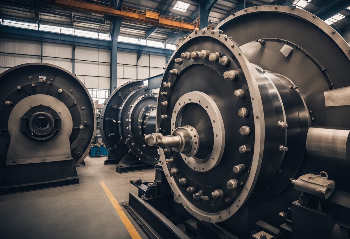 A ball mill with rubber liners, steel bolts, and ceramic tiles