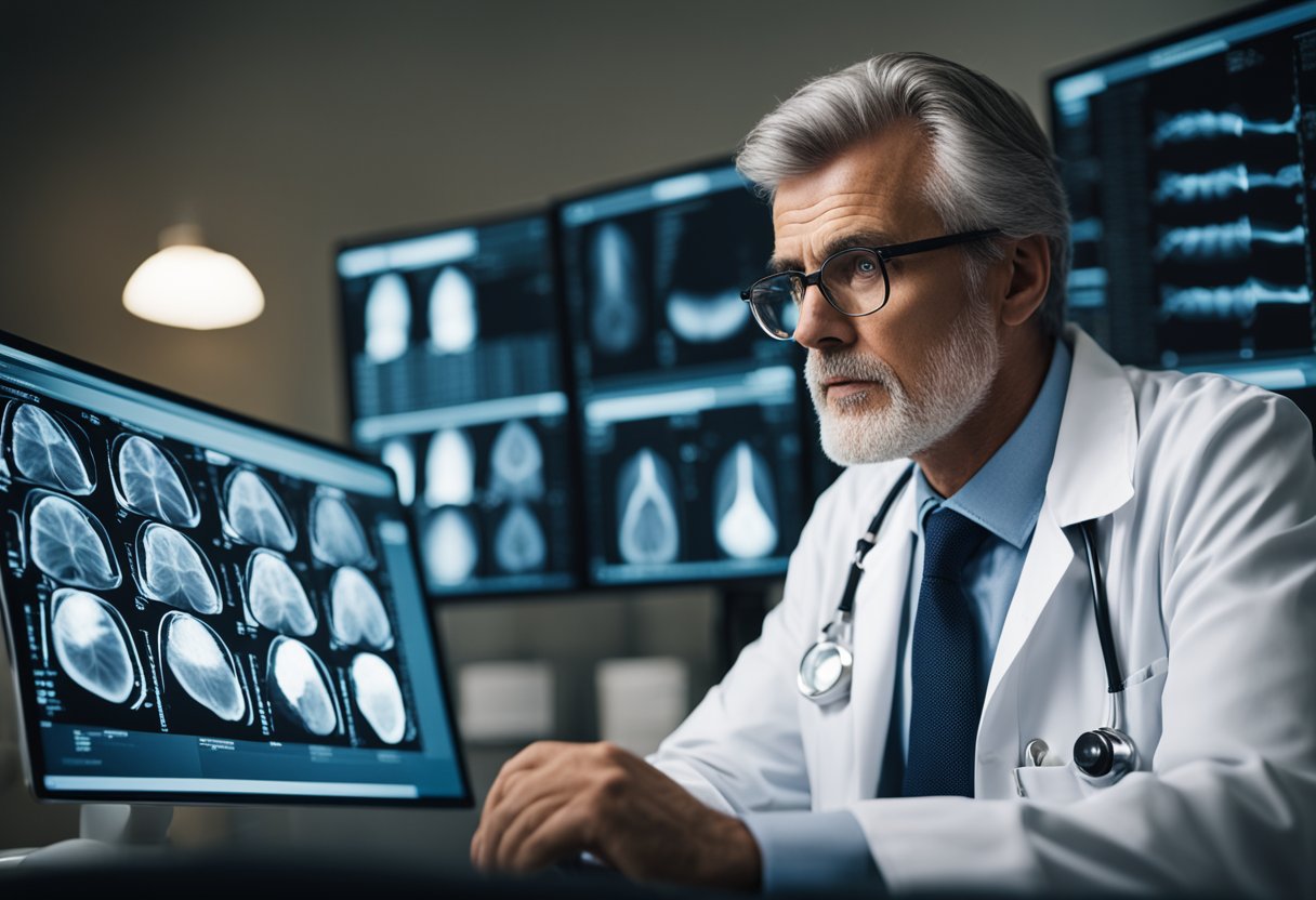 A doctor reviews lung scans, with a concerned expression