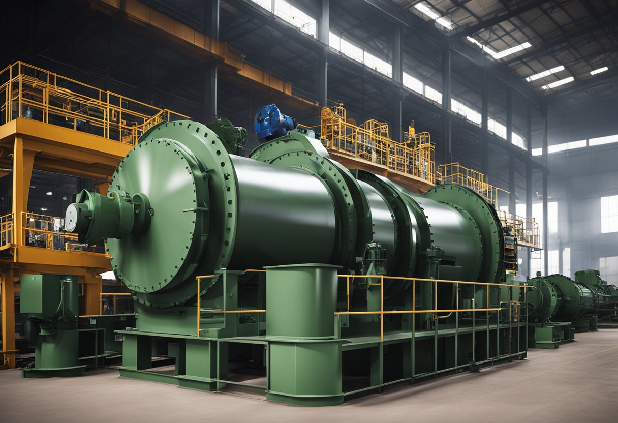 A ball mill factory with conveyor belts, machinery, and raw materials stacked on shelves. The design liner is being installed on the equipment