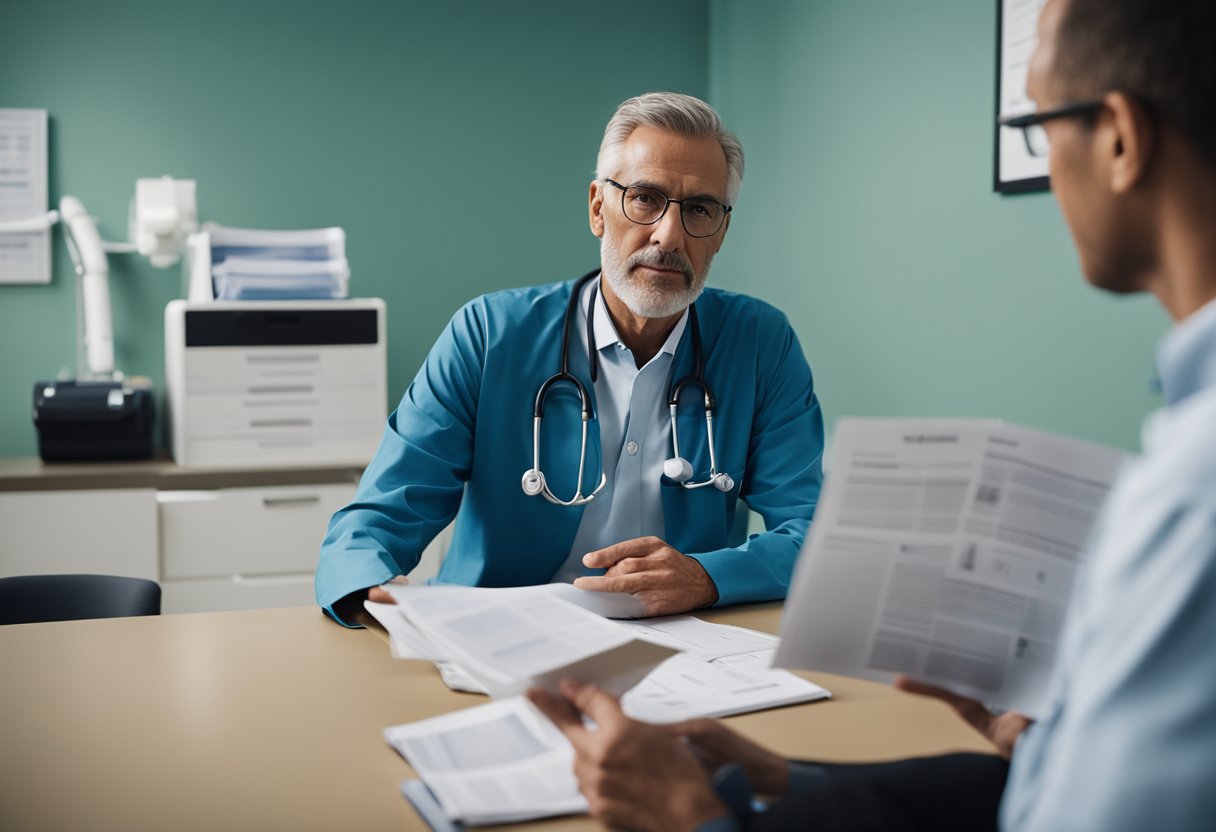 A man sits in a doctor's office, surrounded by pamphlets about prostate cancer. The doctor explains treatment options while the man listens attentively