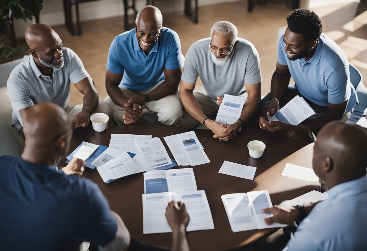 A group of men gather in a circle, sharing stories and offering support for those affected by prostate cancer. Resources such as pamphlets and information packets are spread out on a table nearby