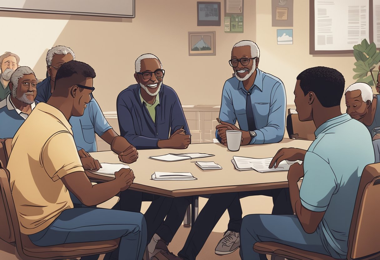 A group of men gather in a support group setting, discussing prostate cancer and sharing their experiences. Informational pamphlets and resources are spread out on a table, while a facilitator leads the discussion