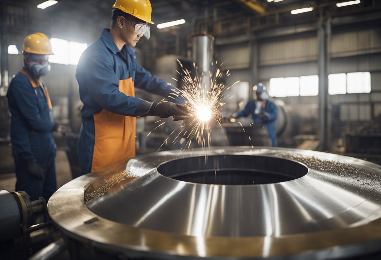 Molten metal poured into ball mill mold, cooling and solidifying into liner shape. Machinery and workers in protective gear oversee the process