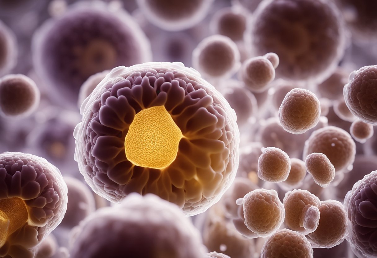 A microscope zooms in on abnormal white blood cells multiplying rapidly in a bone marrow sample, indicating the presence of leukemia