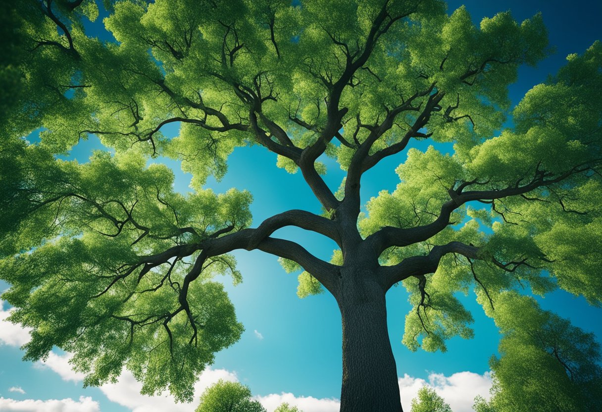 A tree with branches reaching upward, surrounded by vibrant green grass and clear blue skies, symbolizing hope and life amidst the diagnosis of lymphoma