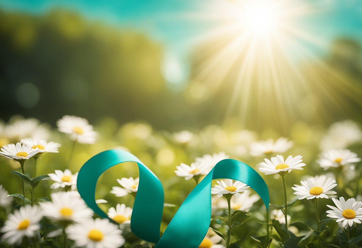 A teal ribbon symbolizing ovarian cancer awareness against a background of blooming flowers and a shining sun