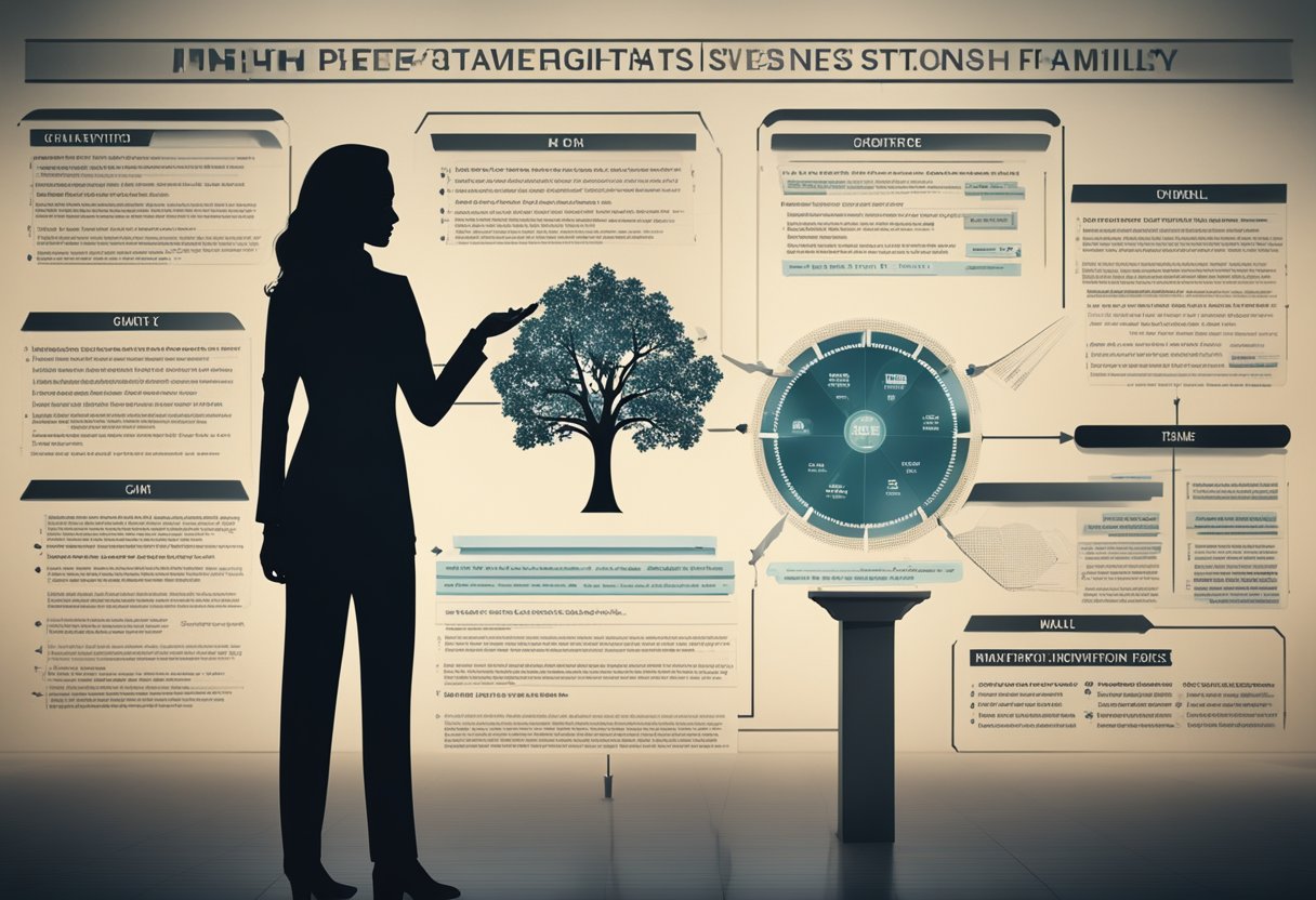 A dark silhouette of a woman with a genetic family tree and a list of risk factors hovering above her, while a shield with prevention strategies stands in front of her