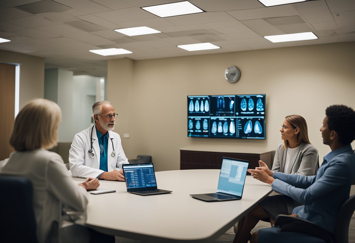 A doctor discussing ovarian cancer prognosis and survival rates with a patient's family in a hospital conference room