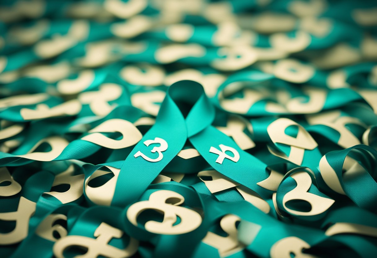 A teal ribbon symbolizing ovarian cancer awareness surrounded by question marks
