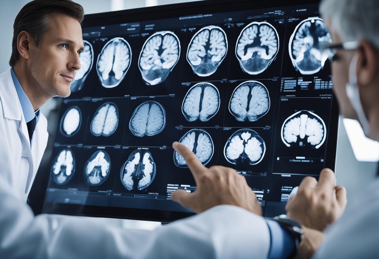 A doctor reviewing brain scans, pointing to a tumor