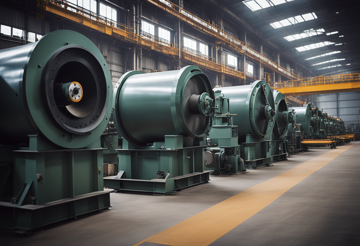 Machines lining up in a ball mill factory, with conveyor belts and chutes in the background