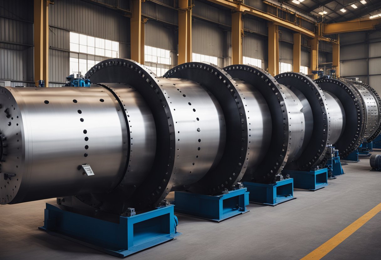 The ball mill factory shows rows of ball mills with their liners installed, ready for production