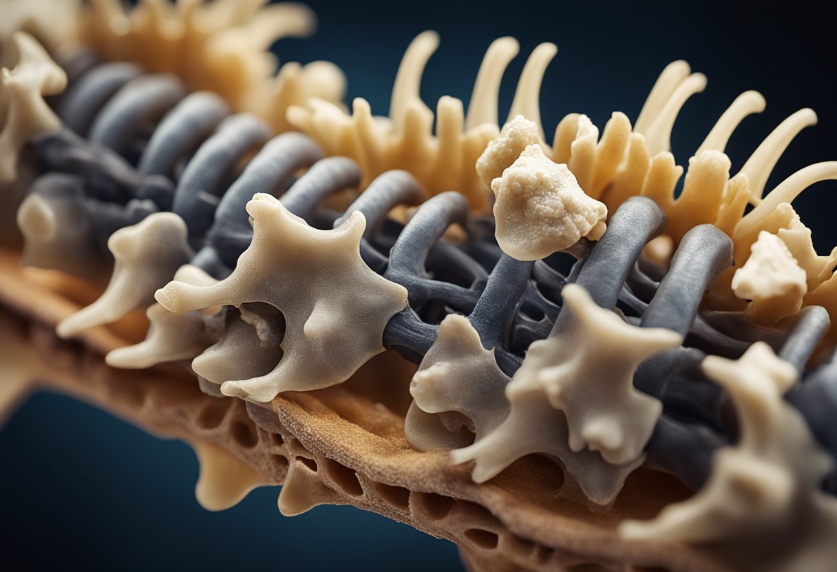 A close-up of a deteriorating spinal column with bone spurs and disc degeneration, surrounded by inflamed and compressed nerves