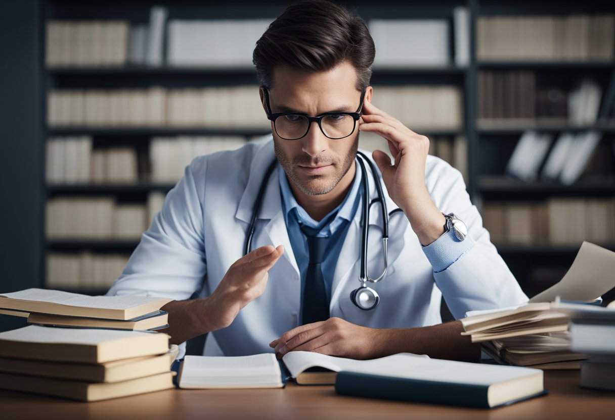 A person sitting at a desk, surrounded by medical books and papers, with a concerned expression while holding their neck