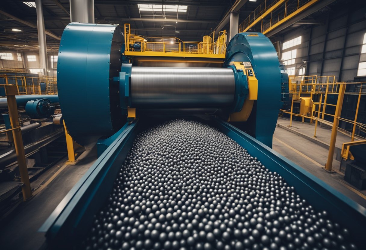 A conveyor belt moves raw materials into a large ball mill, where they are crushed and ground by rotating steel balls