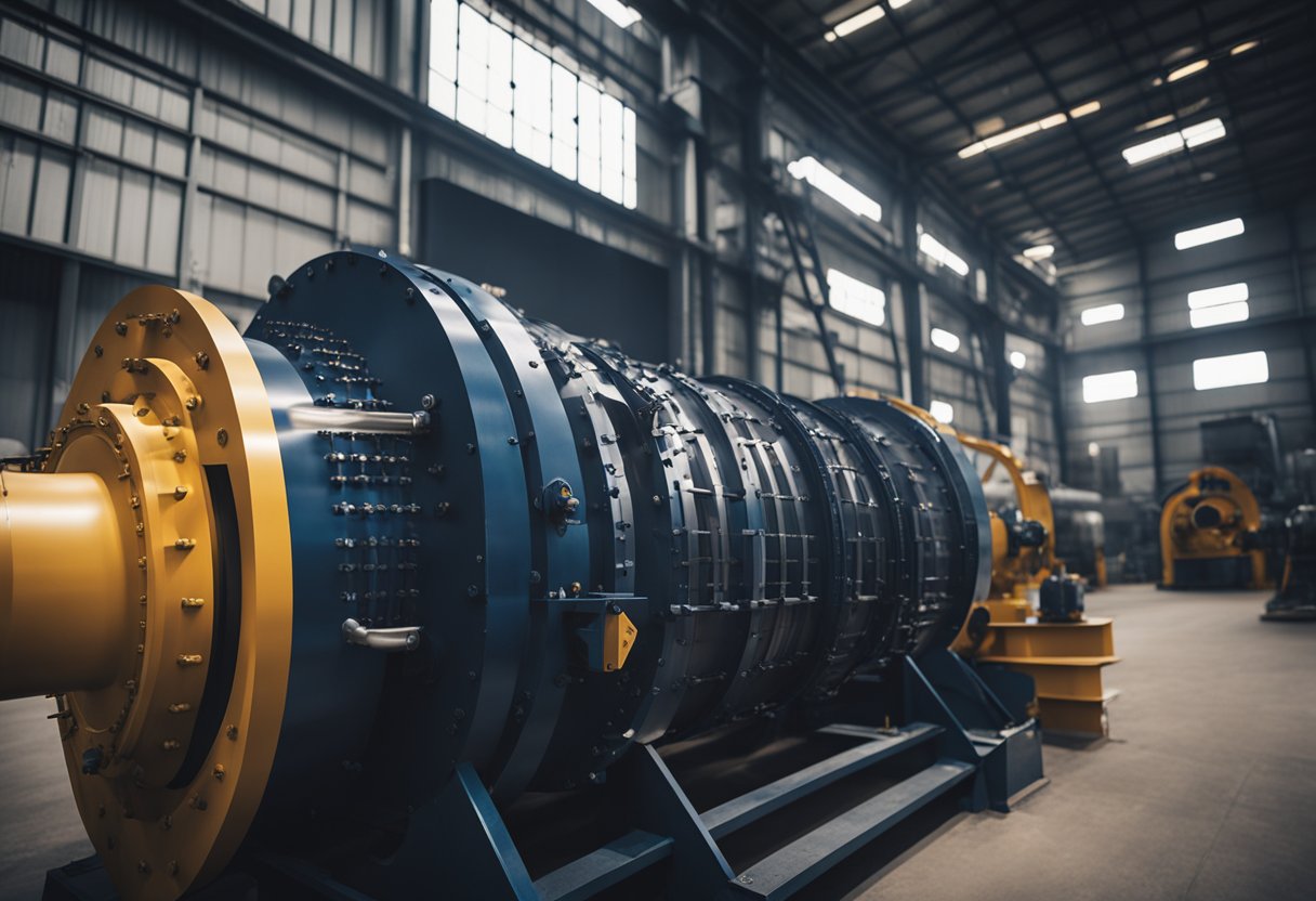 A ball mill with a visible liner, rotating and grinding materials inside, with a manufacturer's logo or label displayed prominently