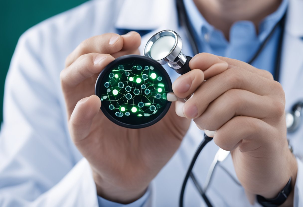 A doctor examines enlarged lymph nodes with a stethoscope and penlight