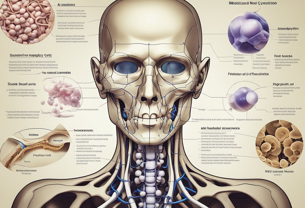 A collection of various objects, such as enlarged lymph nodes, tumors, and cysts, are scattered across a medical diagram of the neck