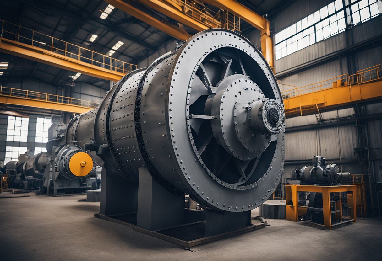 A ball mill with a steel liner and a cylindrical design, surrounded by various materials such as grinding balls and ore particles