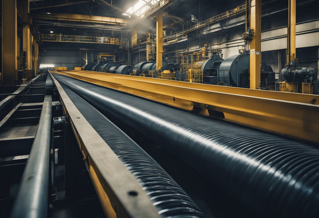 Conveyor belts carry materials into a large ball mill at the factory. Machinery hums and clanks in the dimly lit space