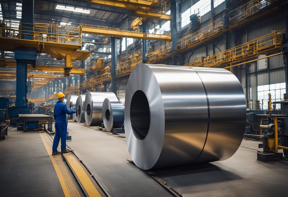 Steel sheets welded to form a cylindrical shape, bolts and nuts securing the sections, conveyor belts carrying the liners to the ball mill assembly line