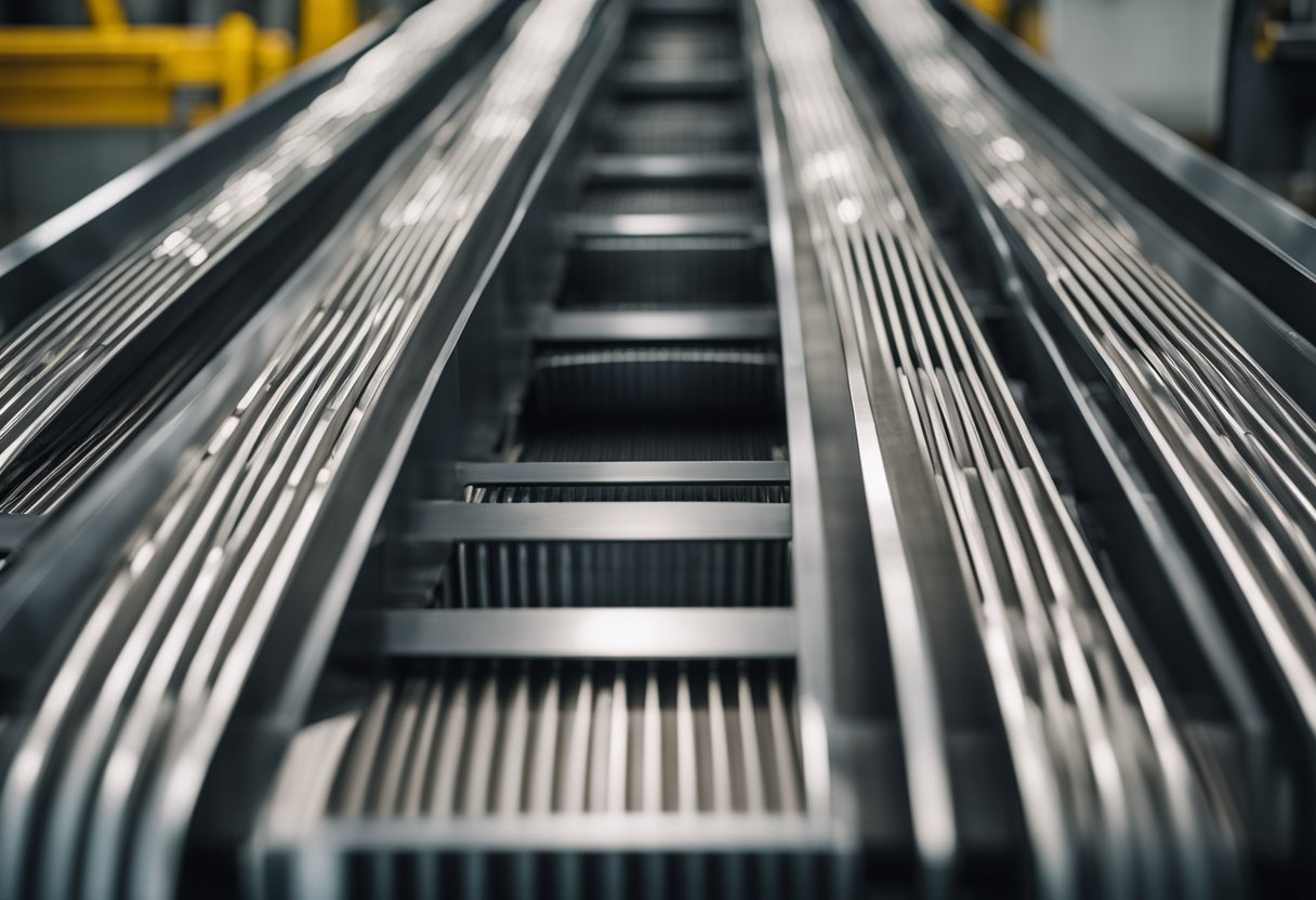 A conveyor belt transports steel liners through a manufacturing plant. Machines stamp, cut, and weld the liners before they are packaged for shipment