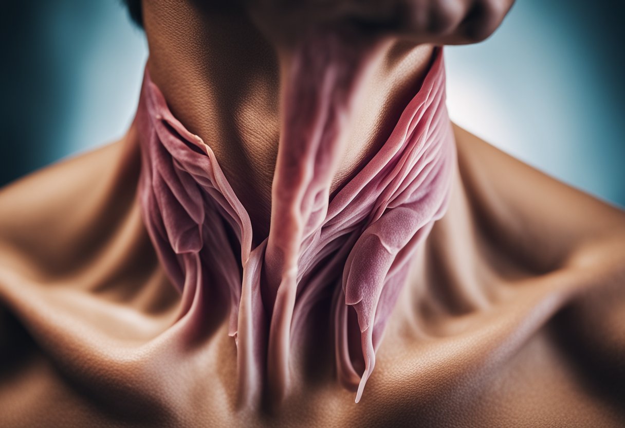 A swollen lymph node in the neck, surrounded by inflamed tissue and redness