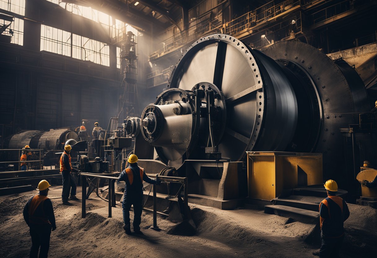 A ball mill with worn liner being replaced by workers in a mining setting