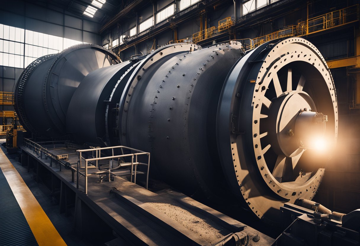 A ball mill with mining equipment, showing the interior with ball mill liners installed