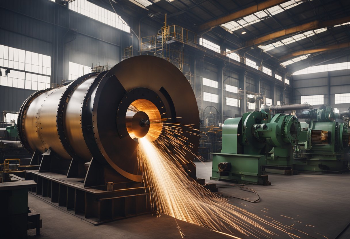 Machines assemble ball mill liners in a bustling factory. Sparks fly as metal plates are welded together